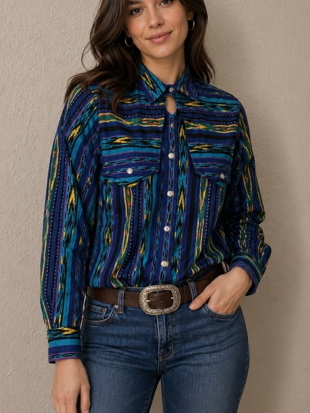 Vtg RODEO WESTERN WEAR 1980s Colorful Striped Western Cowgirl Cropped Snap Shirt